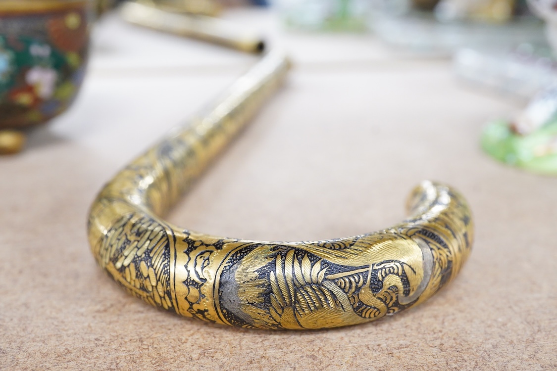 A Japanese damascened iron parasol handle, a cloisonné enamel koro and Komai style mirrored musical compact, largest 24cm in length